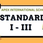 "A digital promotional banner graphic for Apex International School, designed for early primary school enrollment in Standard I - III. The design features a warm golden-orange background with a central white rectangular message board layout that has a prominent black binder clip on the top left corner. The header text inside reads 'APEX INTERNATIONAL SCHOOL' in a clean, olive-green sans-serif font. Below, the word 'STANDARD' is written in a bold, black typeface with a subtle shadow effect. The class range 'I - III' is featured below it in a large, bold black font. Two colorful cartoon illustrations of diamond-shaped kites with decorative string tails frame the bottom corners, symbolizing early childhood education, creative growth, and foundational learning within the premier school and coaching facilities in the Manigachhi and Darbhanga region."